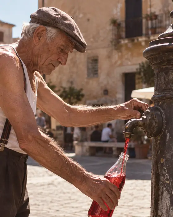 Uomo anziano che riempie alla fontana una bottiglia col drink rosso