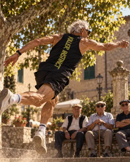 Uomo anziano che lancia la boccia, con la canotta Killer Instinct