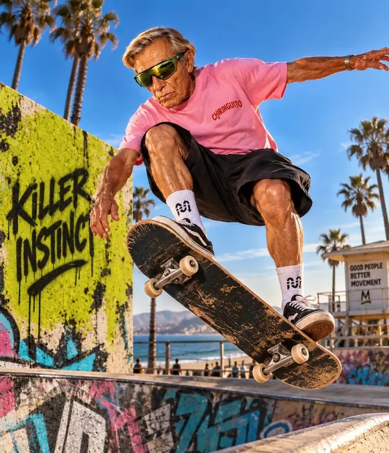Skater con i capelli bianchi in salto, con occhiali Mamba